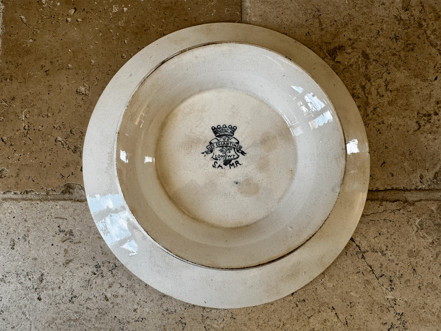 antique patinated ironstone terre de fer teal blue transferware compotier compote dish stand cake plate longwy les eglantines