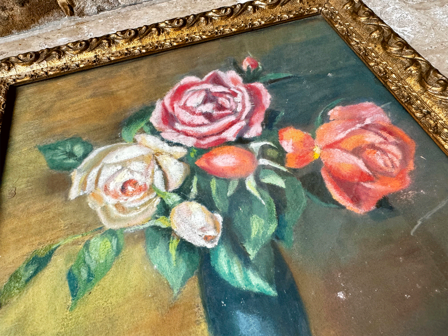 antique french 19th century still life gold framed painting roses vase gouache paper