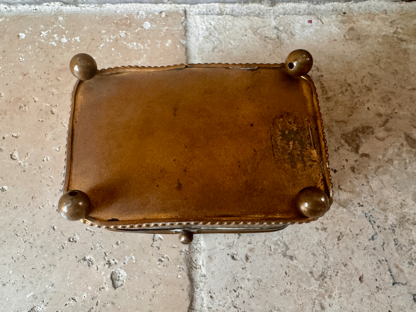 antique french ormolu jewel casket pink silk lining bevel edged glass etched grapevine