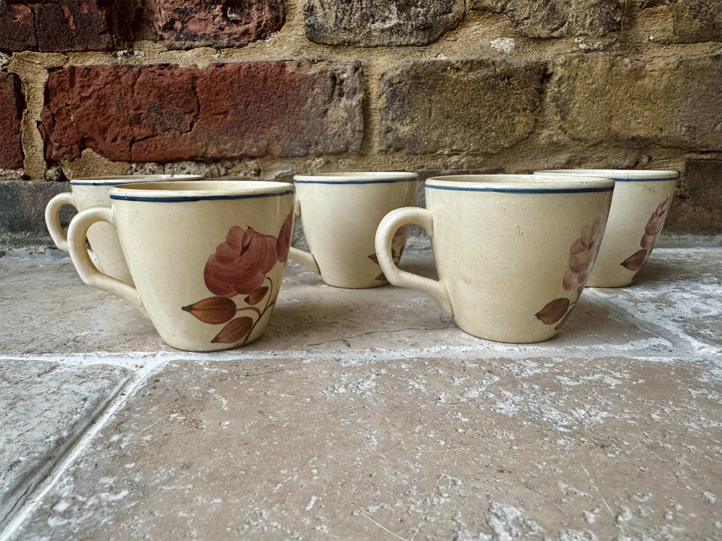 antique french aged timeworn buttery spongeware pink sepia floral espresso coffee cup