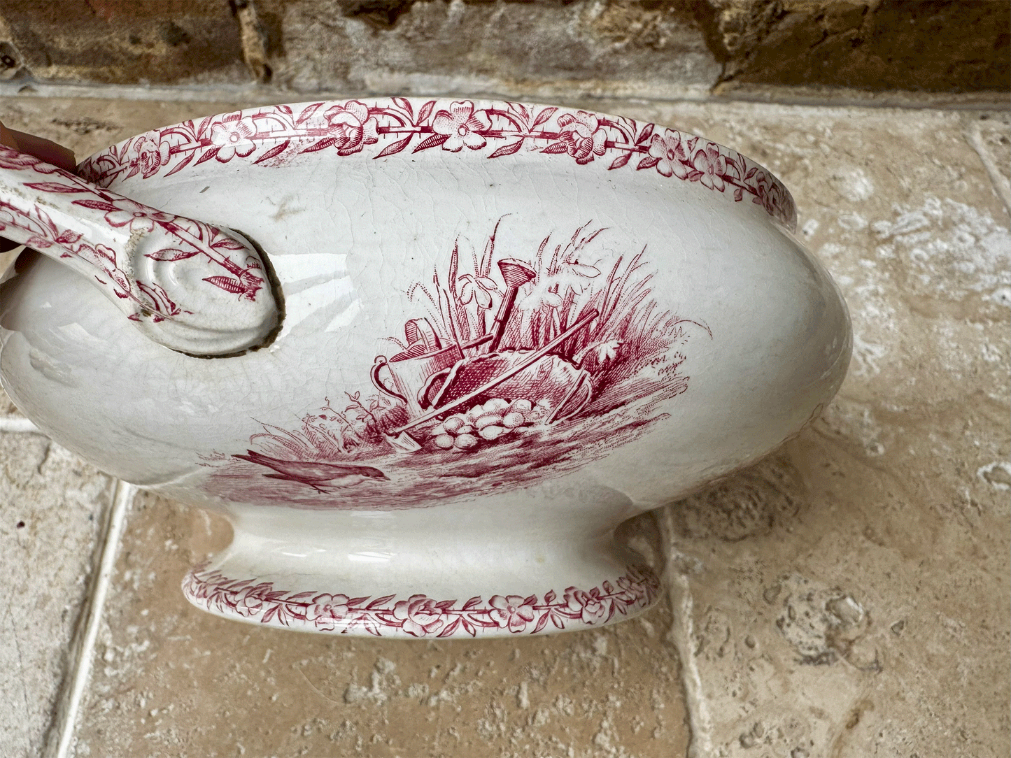 antique french pink transferware soupiere alaville st denis paris ironstone terre de fer country scenes