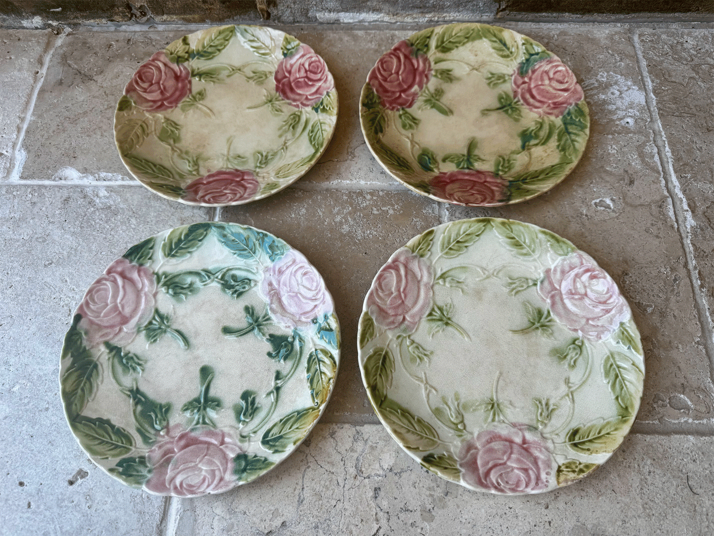 antique french majolica side plate pink roese rosettes