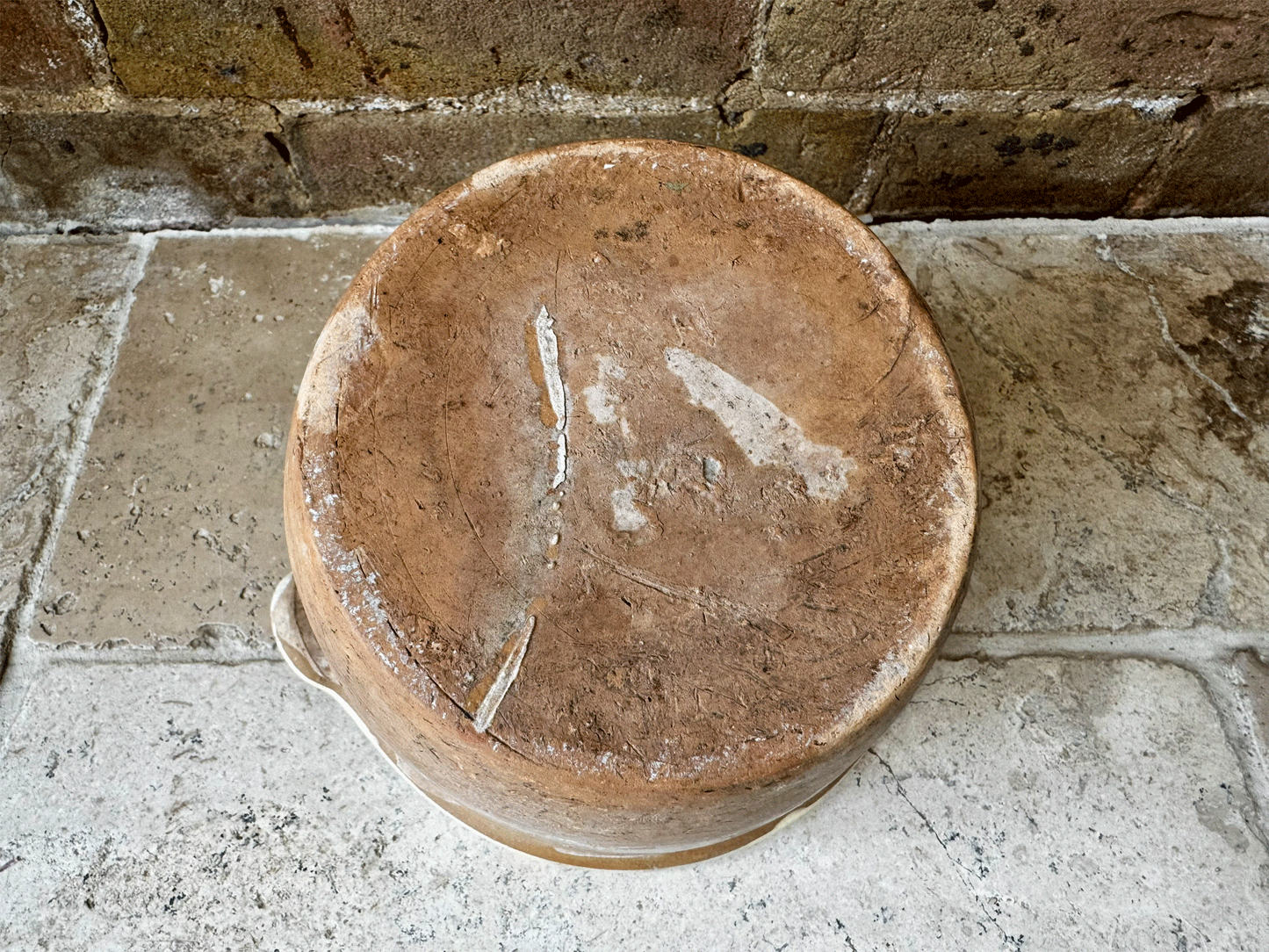 rare antique french 19th century earthenware terracotta yellow glazed milk pail seille pouring lip handle