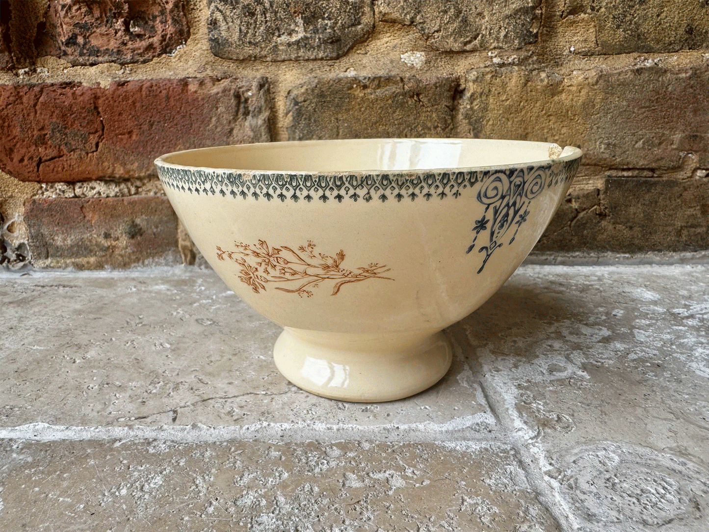 rare large antique french spongeware ironstone cafe au lait bowl