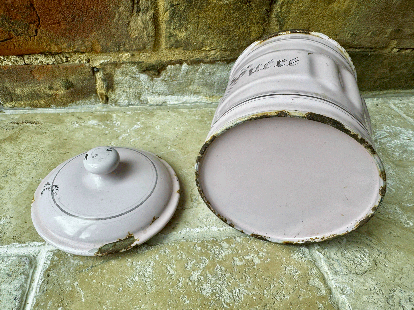 antique french pink enamel sucre kitchen canister storage jar