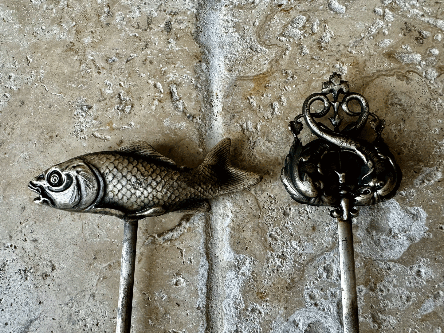 rare antique french slver plated hatelet skewer brochette crab lobster shell fish entwined dolphins