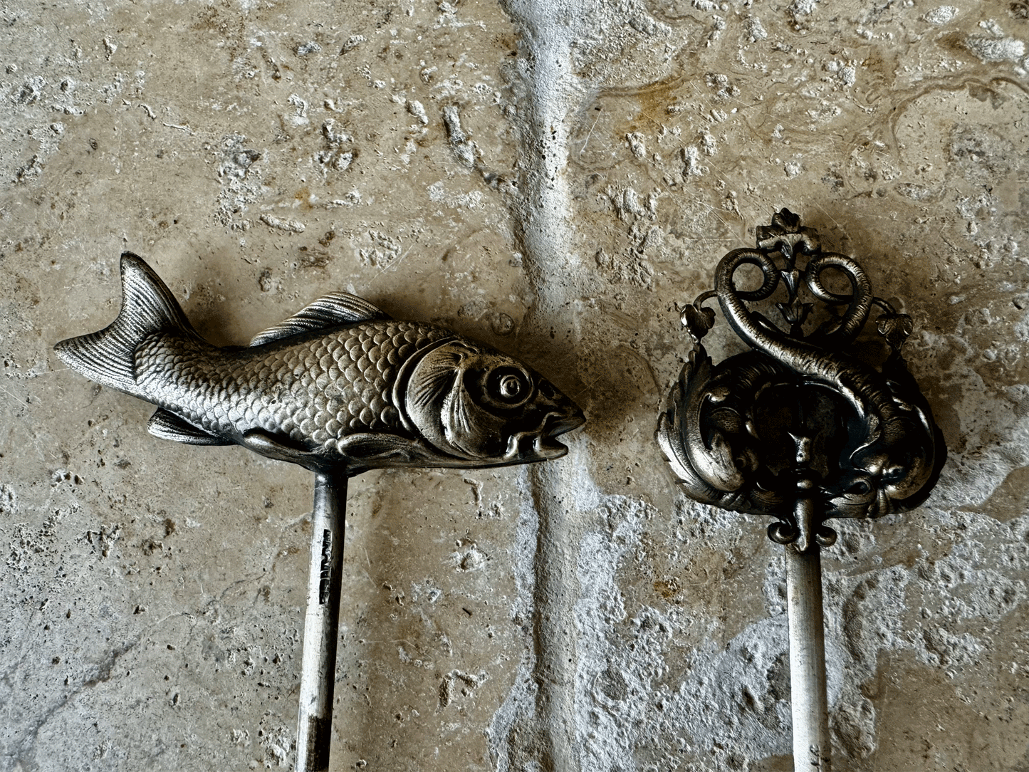 rare antique french slver plated hatelet skewer brochette crab lobster shell fish entwined dolphins