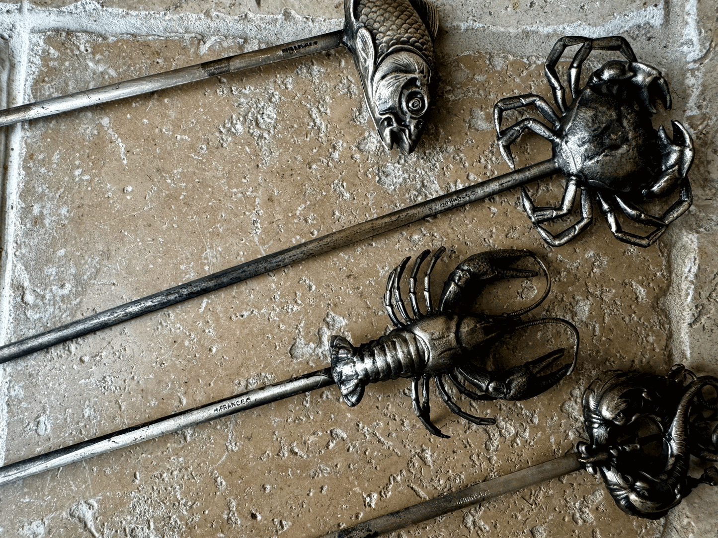 rare antique french slver plated hatelet skewer brochette crab lobster shell fish entwined dolphins