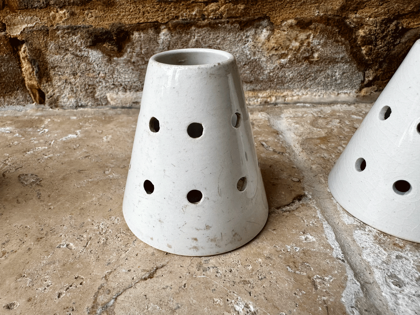 rare antique french small white ironstone pierced curd cheese faiselle mould pot