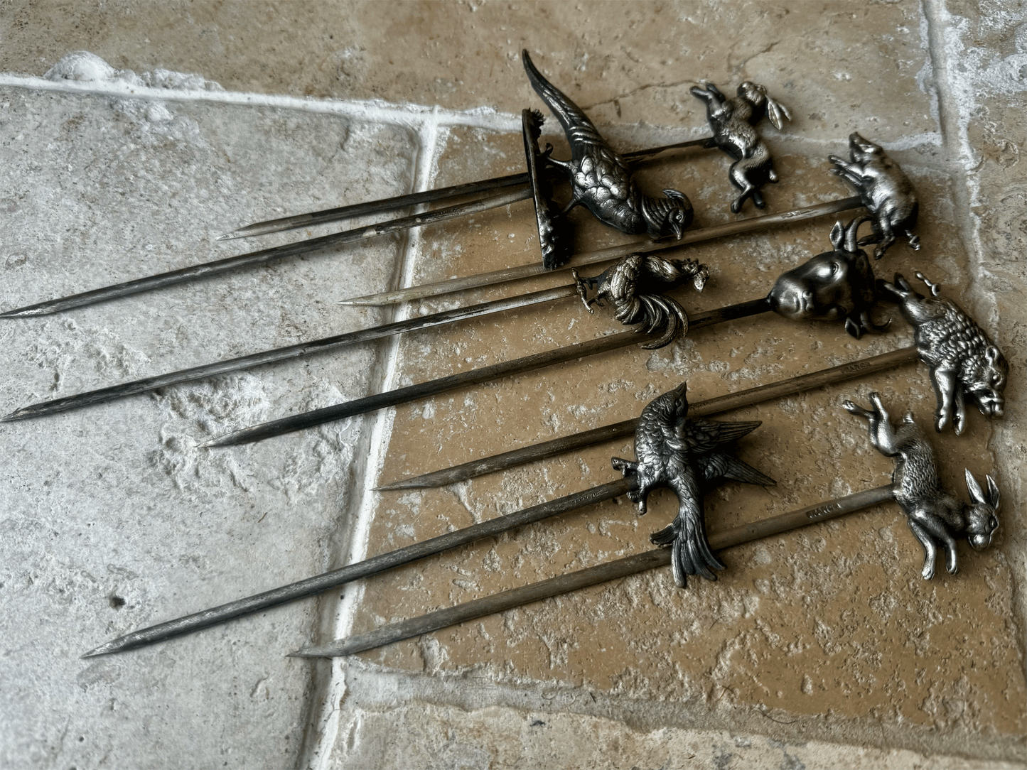 rare antique french silver plated hatelet pie skewer cockerel chicken bull rabbit pi pheasant wild boar swallow