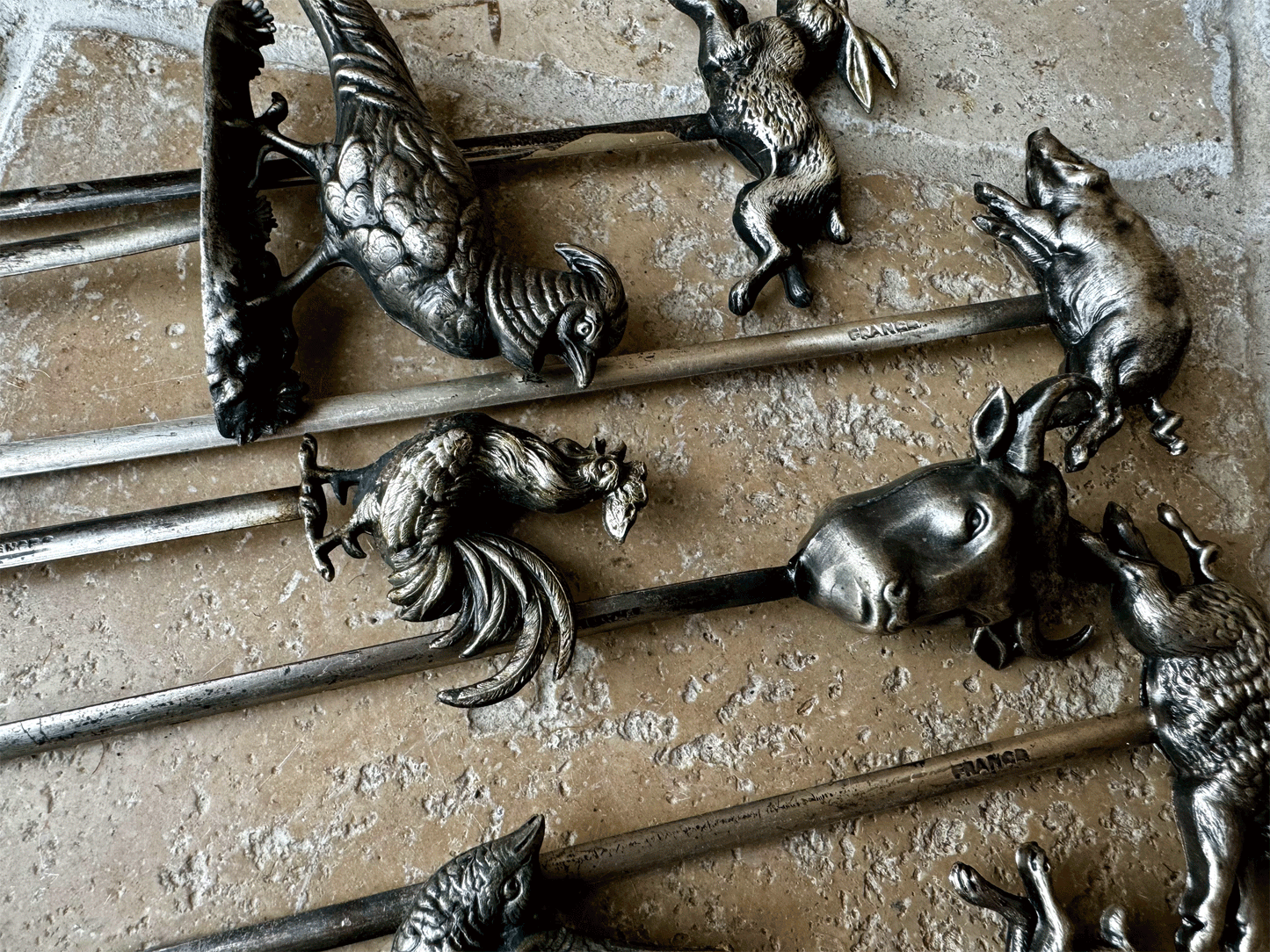 rare antique french silver plated hatelet pie skewer cockerel chicken bull rabbit pig pheasant wild boar swallow