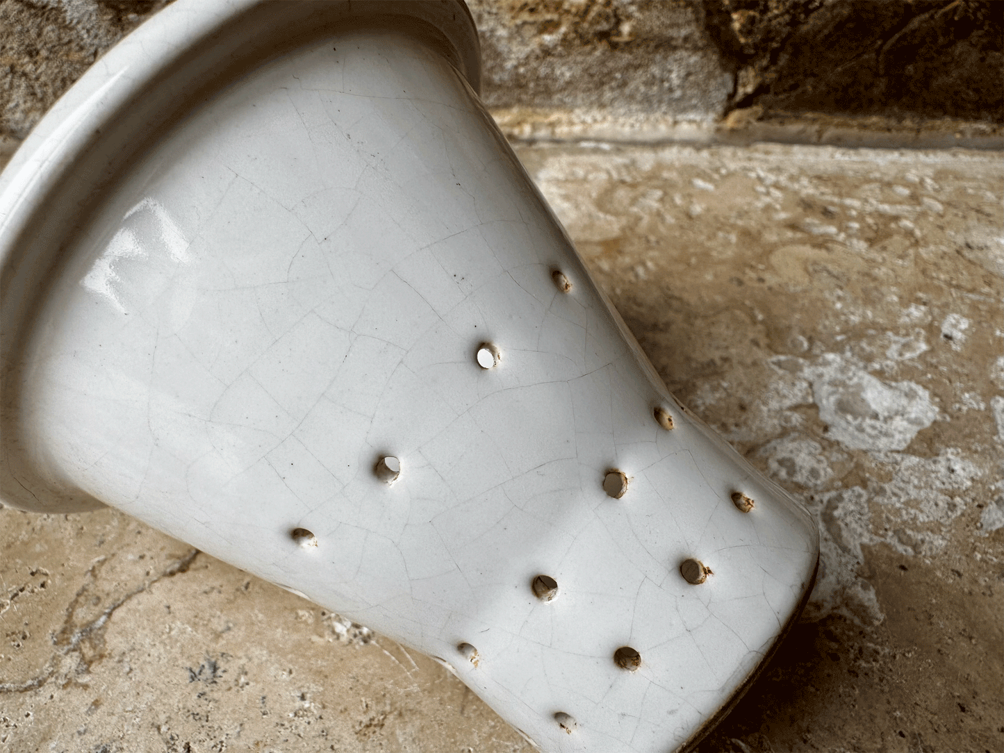 antique french rare white stoneware pierced large curd cheese faisselle mould pot
