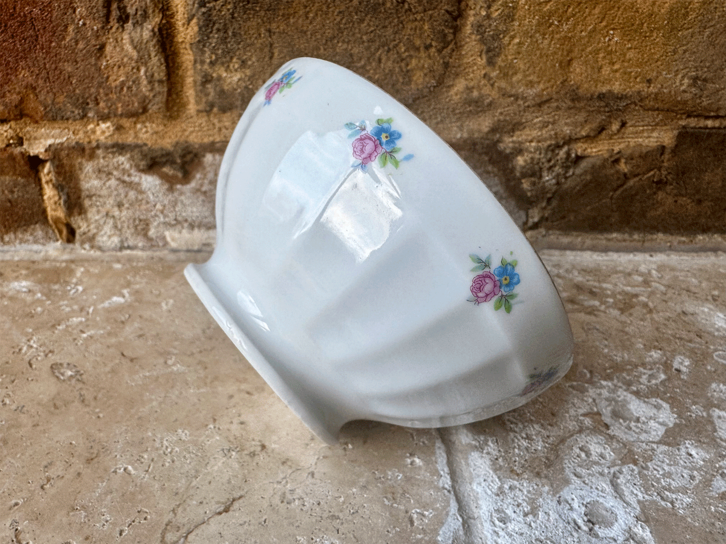 antique french white ironstone ribbed cafe au lait bowl floral pattern