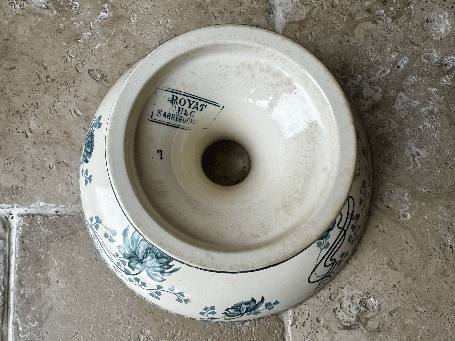 antique french teal transferware ironstone terre de fer compotier compote dish stand royat floral pattern sarreguemines