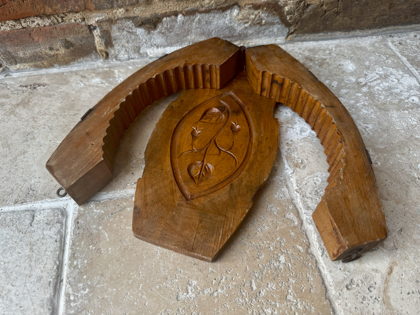 antique french country rustic wooden treen carved butter brick mould rosehips foliage