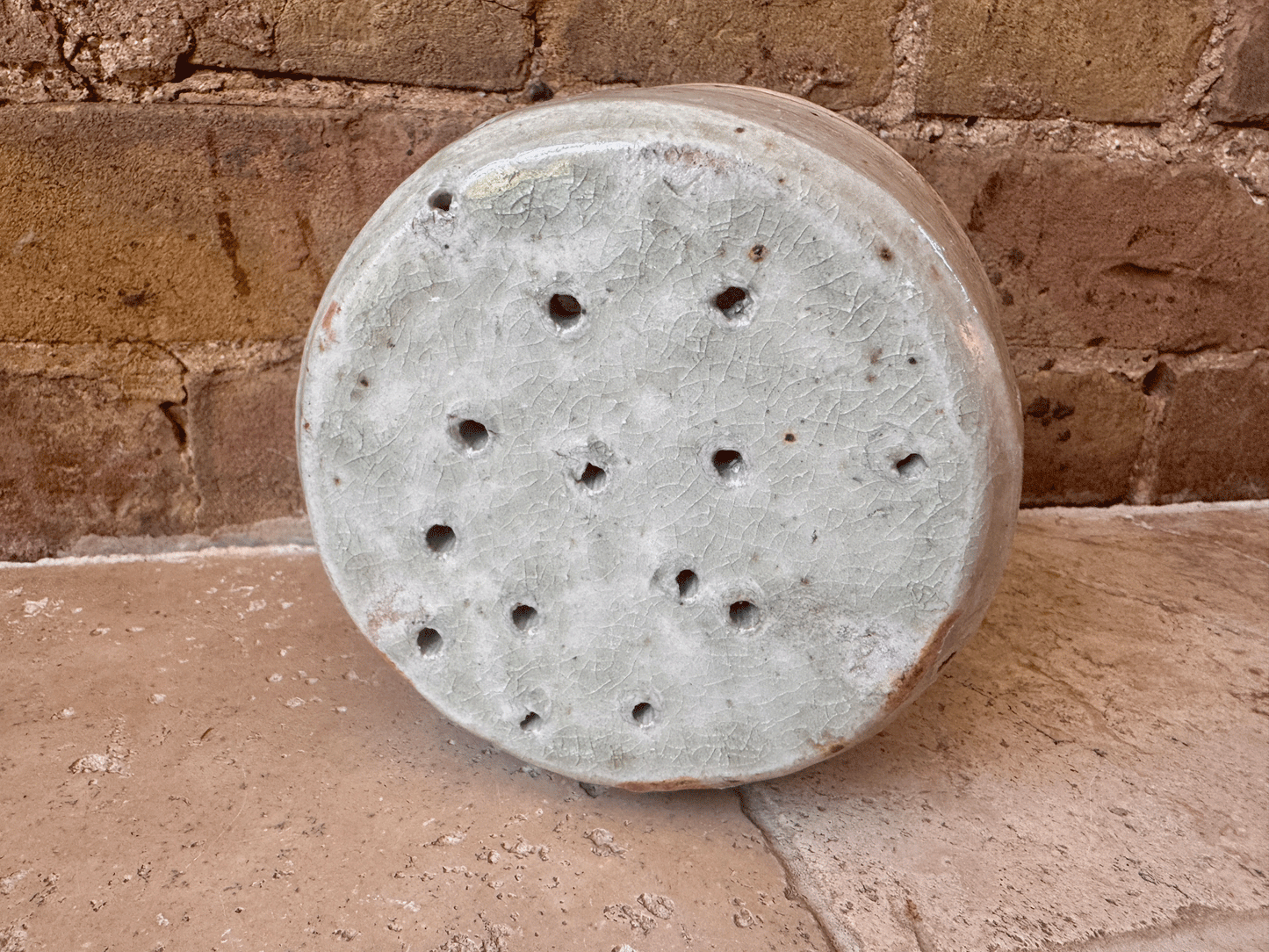 antique french 19th century large rustic stoneware pierced cheese drainer strainer mould faisselle