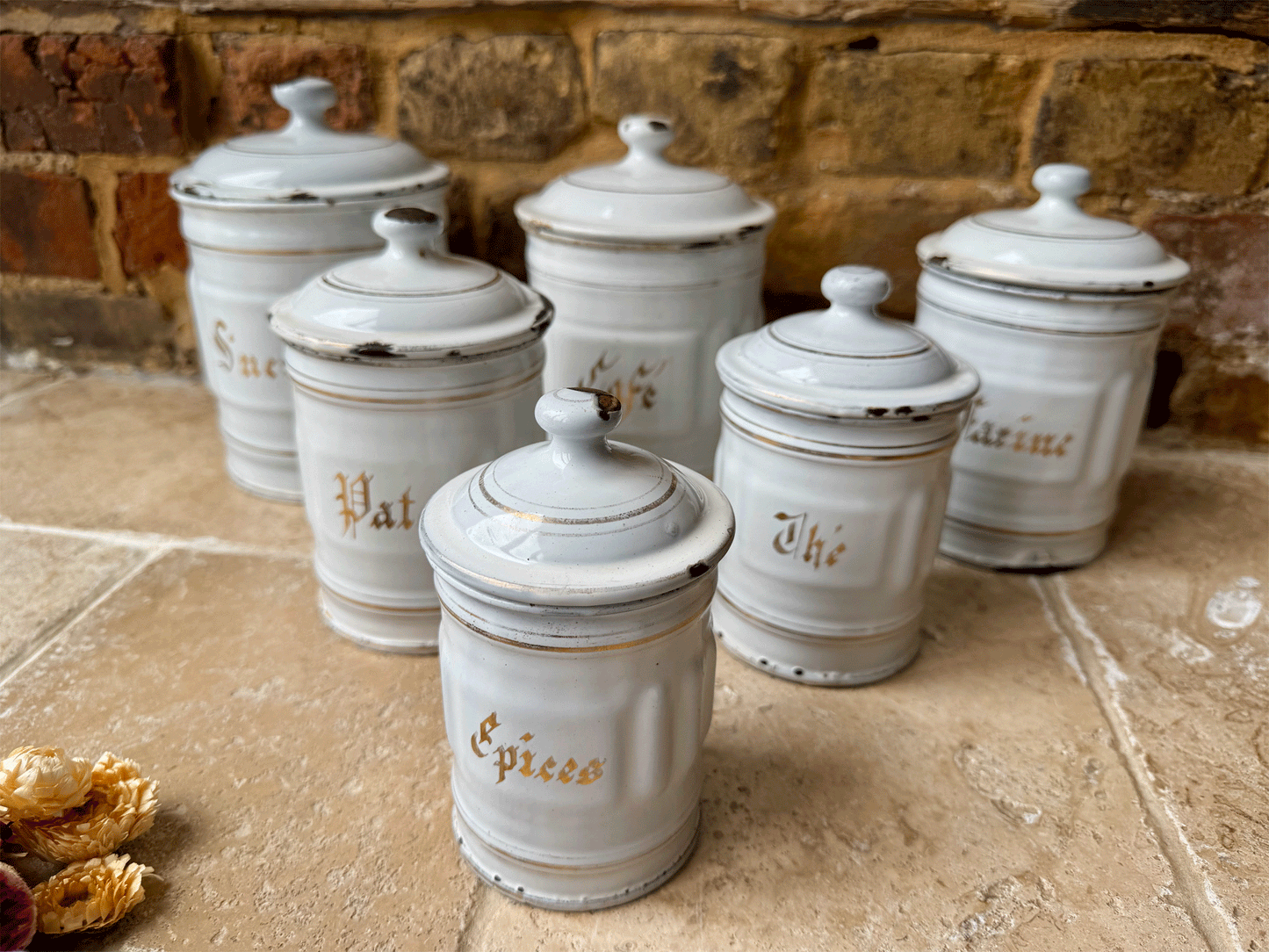 antique french complete set six white gold enamel kitchen storage jars canisters