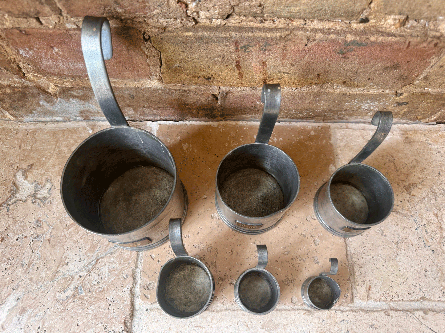 vintage french set pewter lait milk measuring cups ladles brass labels