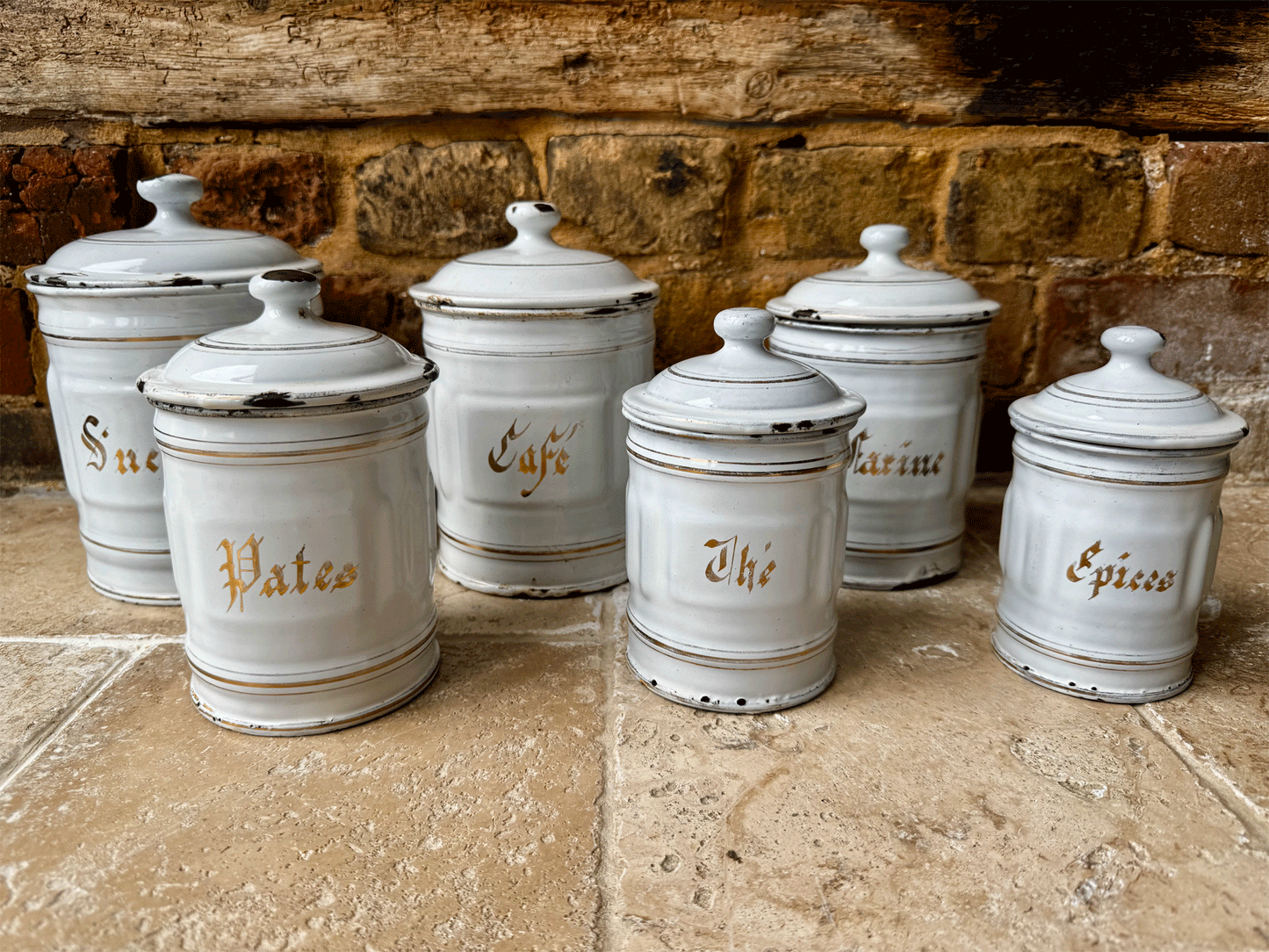 antique french complete set six white gold enamel kitchen storage jars canisters