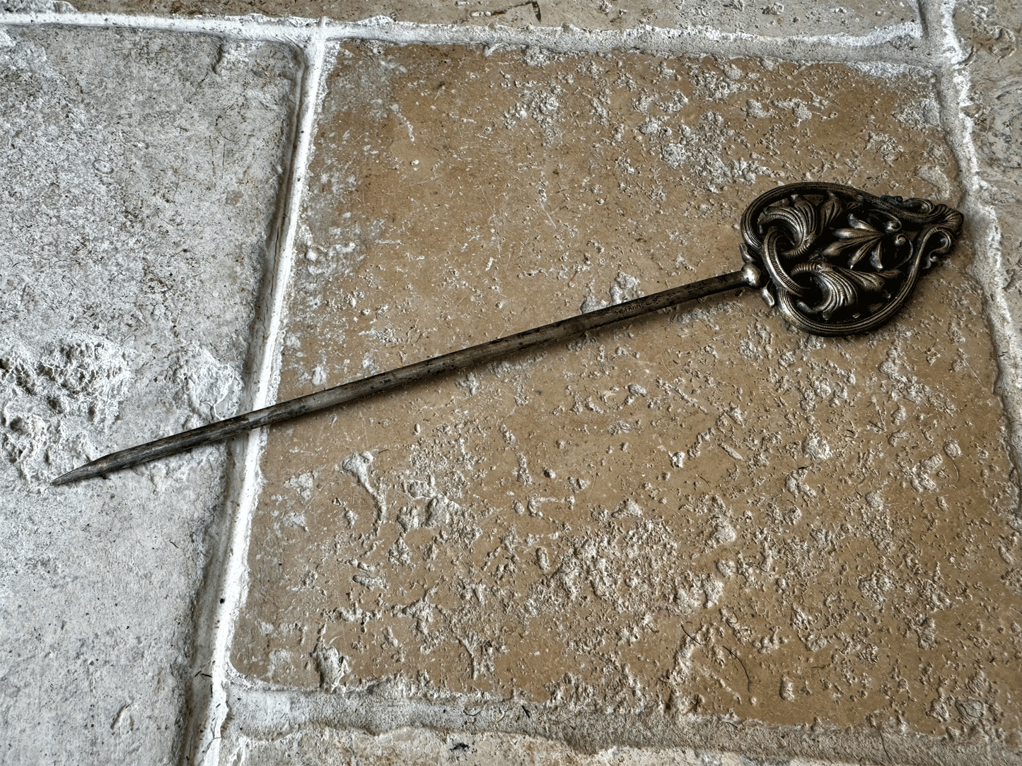 antique french classical style silver plated hatelet pie skewer