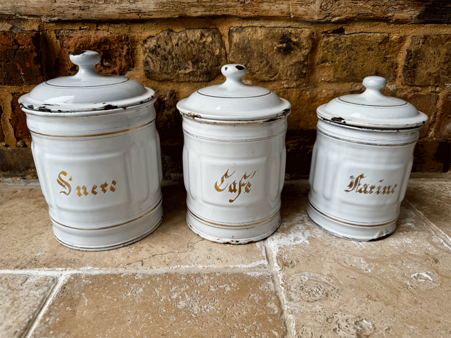 antique french complete set six white gold enamel kitchen storage jars canisters