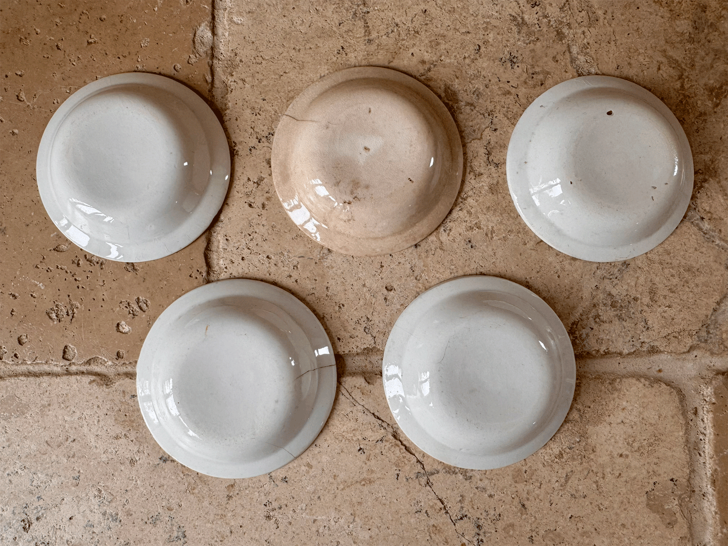 antique french small ceramic white butter pat stack chippy timeworn
