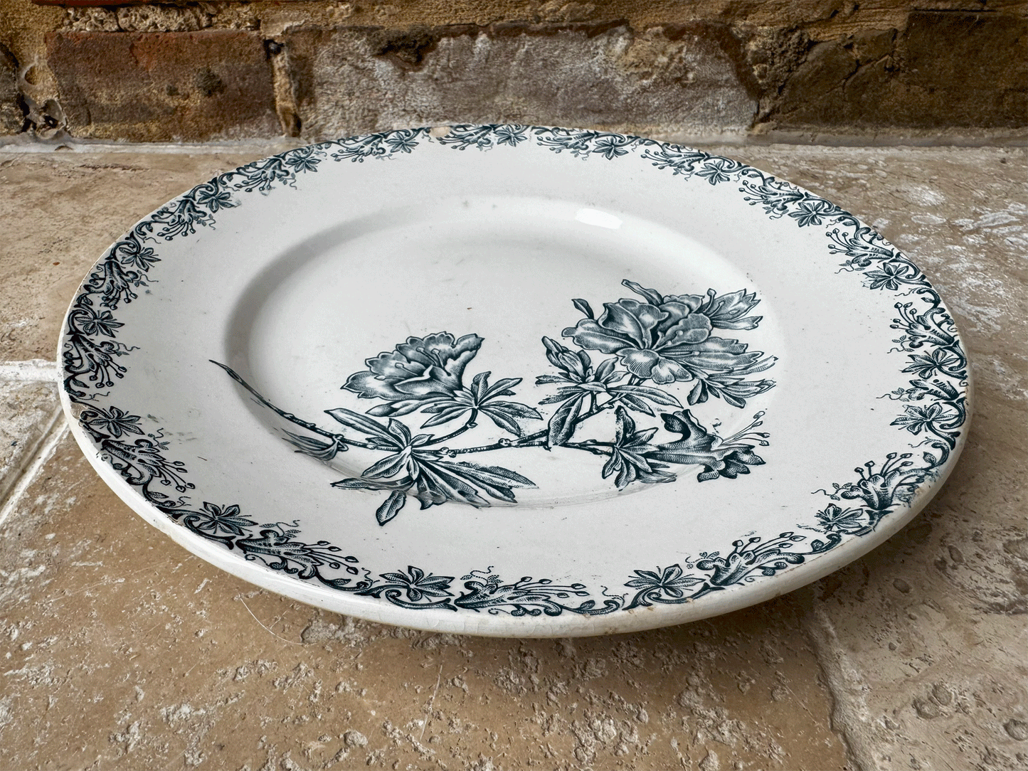 antique french st amand terre de fer ironstone plate florals dark teal