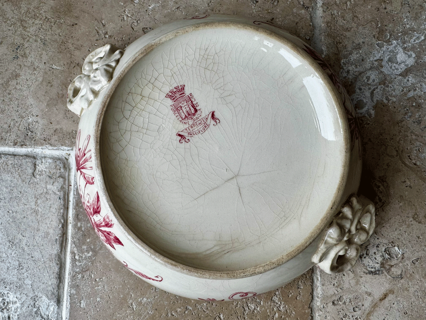 antique gien terre de fer ironstone passiflore pink transferware soupiere soup tureen bowl