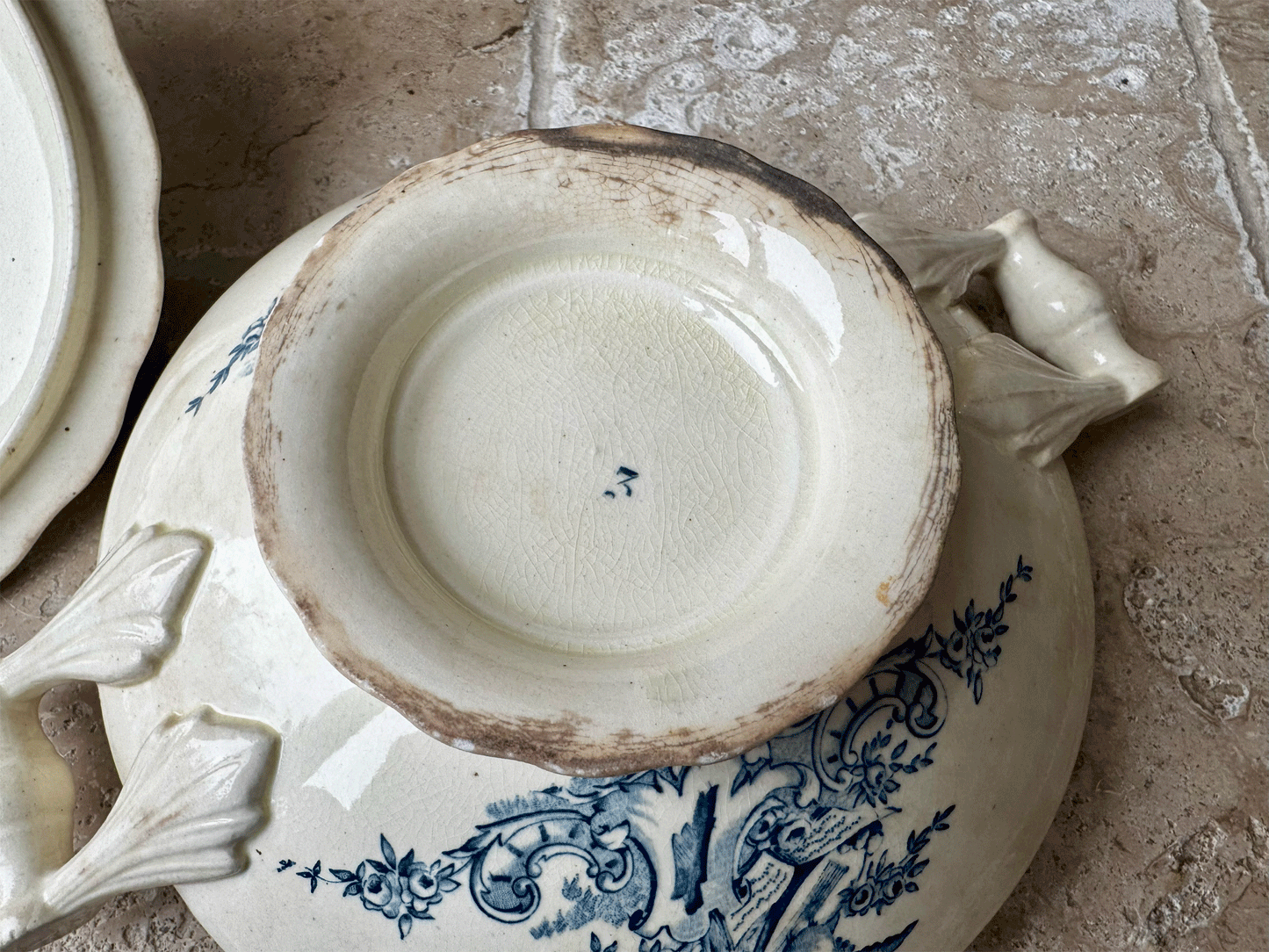 antique french buttery teal blue transferware soupiere songbirds music sheets florals pattern