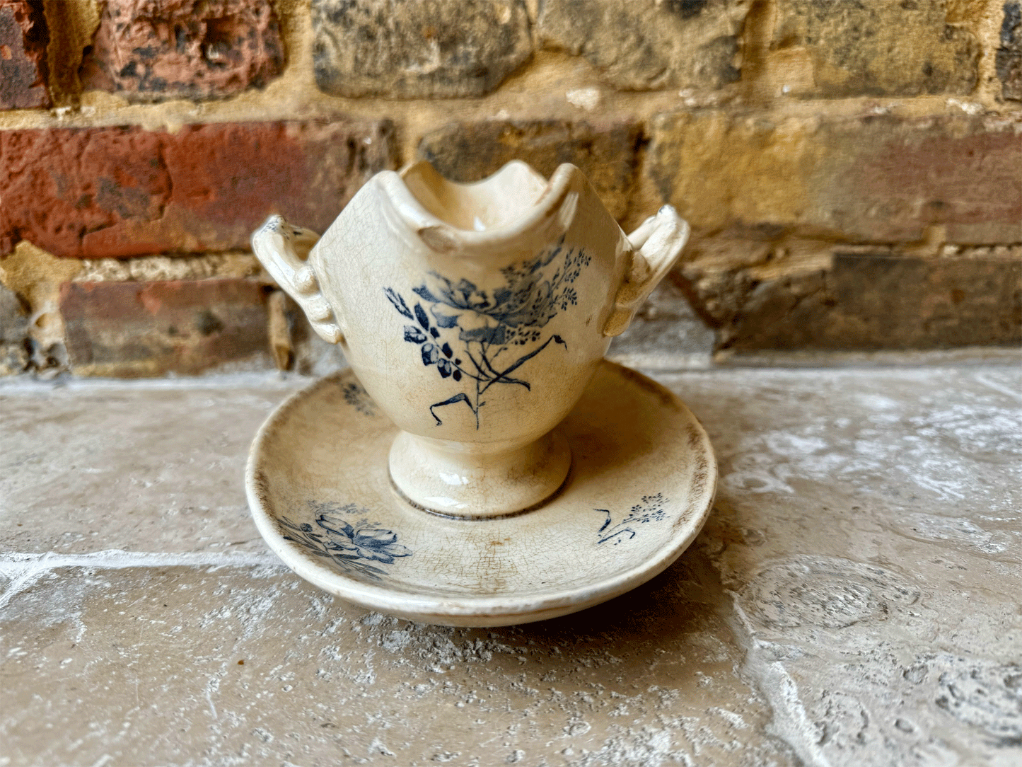 antique french white blue ironstone transferware sauce dish gravy boat saucier