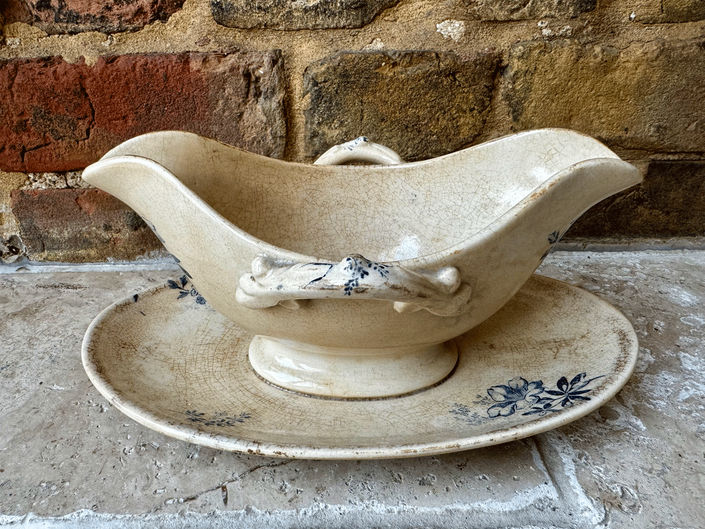 antique french white blue ironstone transferware sauce dish gravy boat saucier