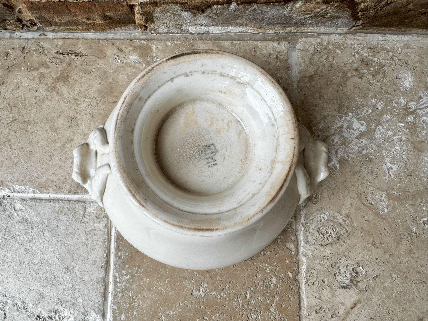 antique french white ironstone buttery timeworn soupiere tureen bowl