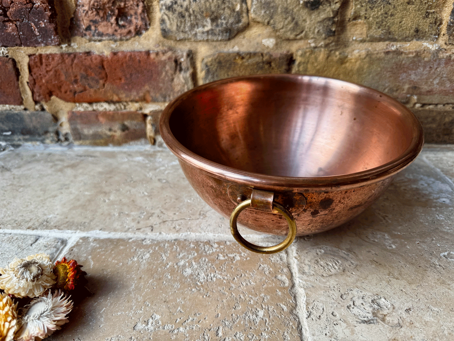antique french copper egg whisking mixing bowl brass handle