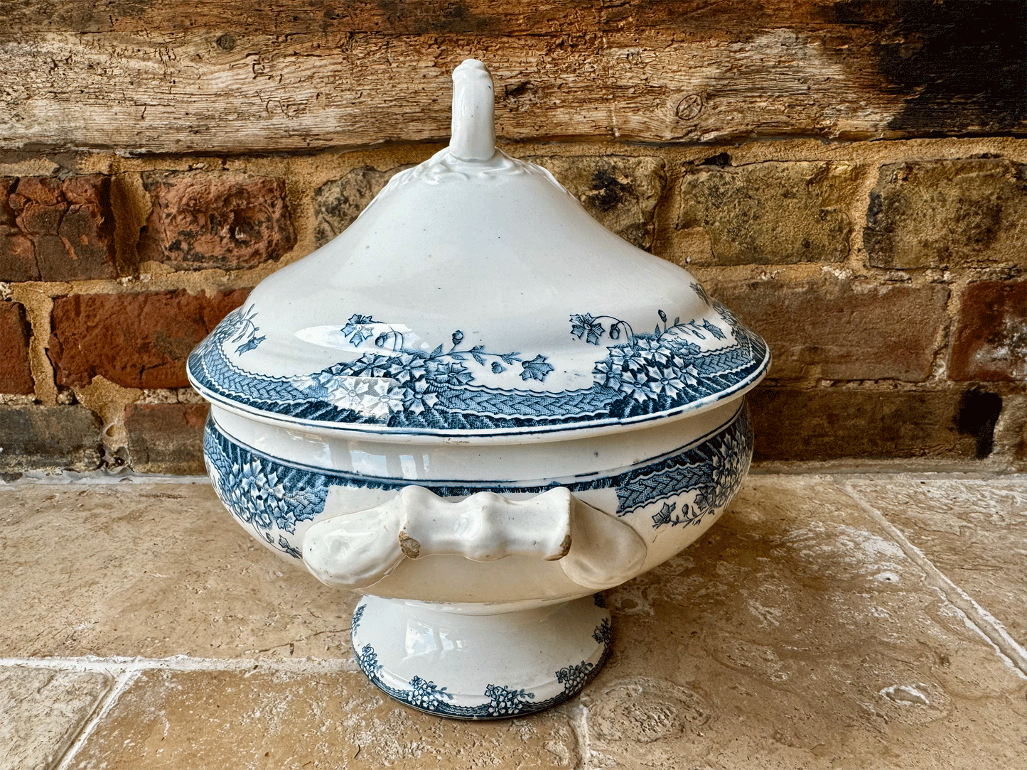 antique french white ironstone blue transferware large soup tureen soupiere