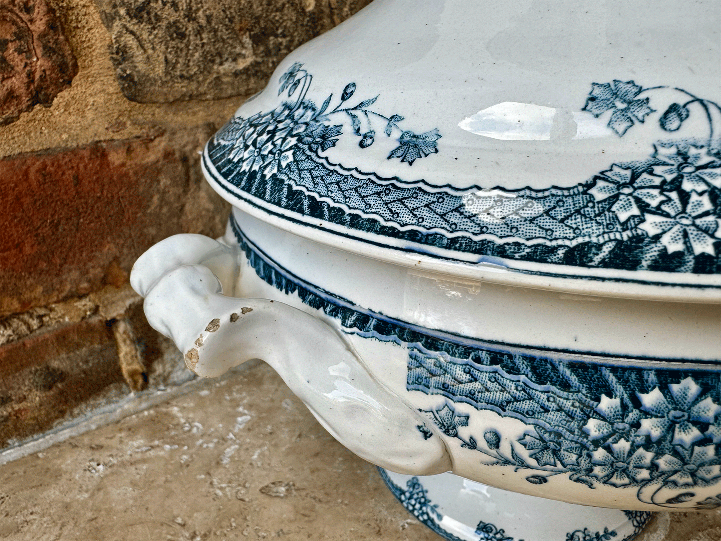antique french white ironstone blue transferware large soup tureen soupiere
