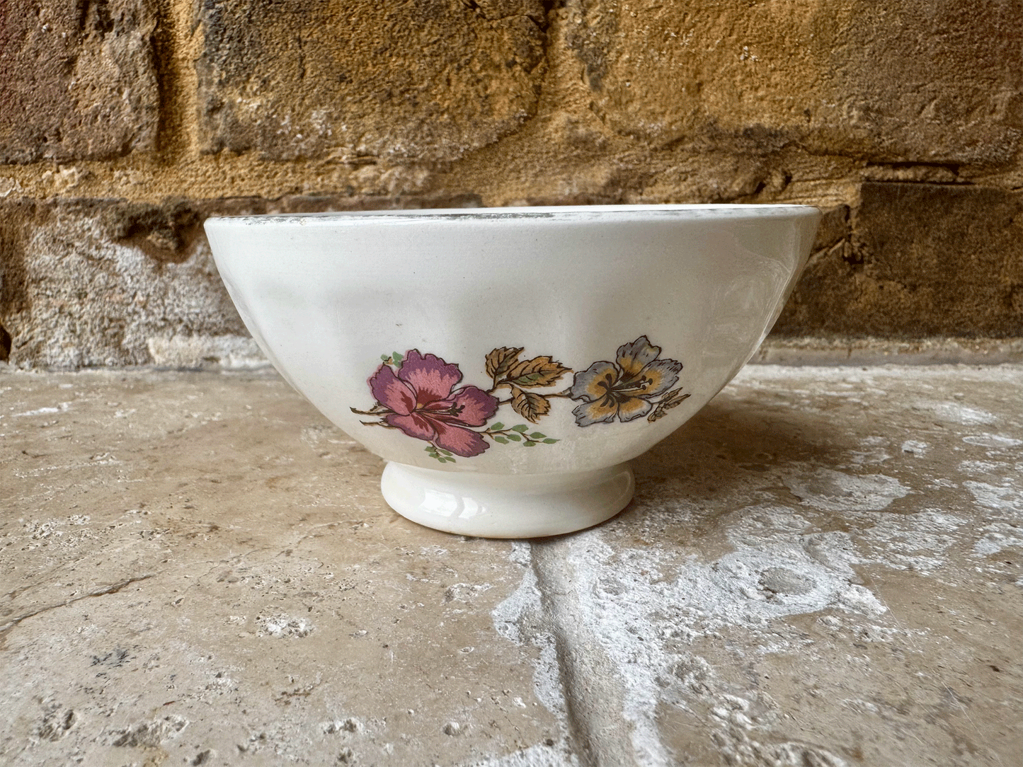 antique french white ironstone small ribbed cafe au lait bowl floral pattern
