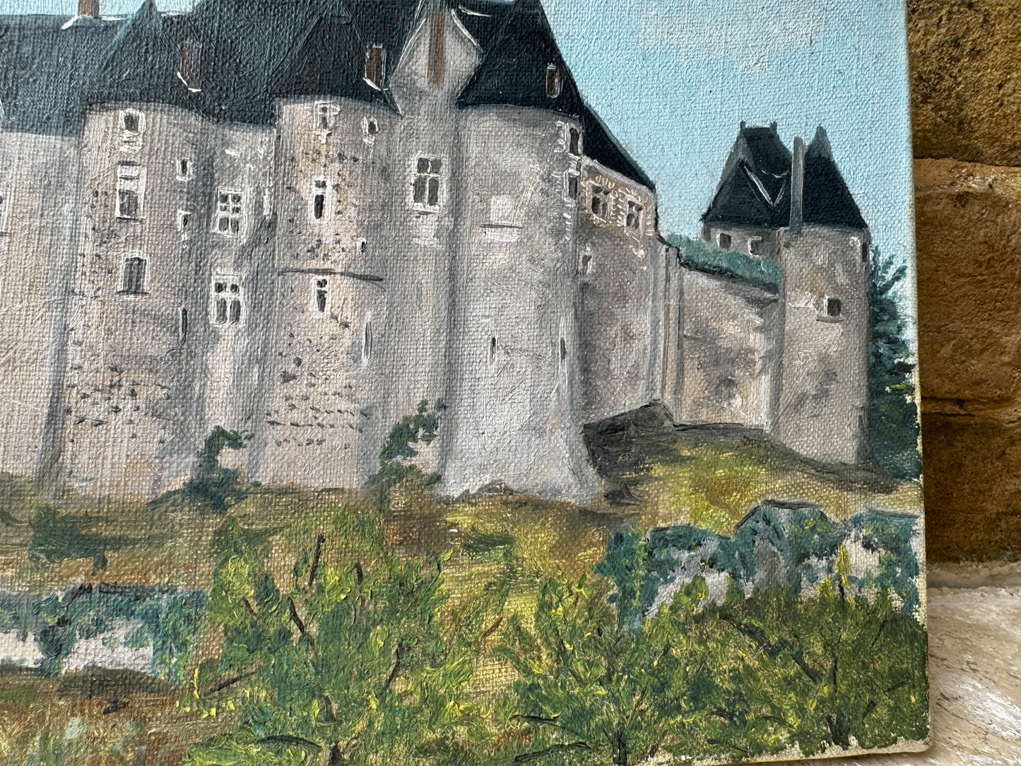 antique vintage french signed oil painting canvas chateau scene setting