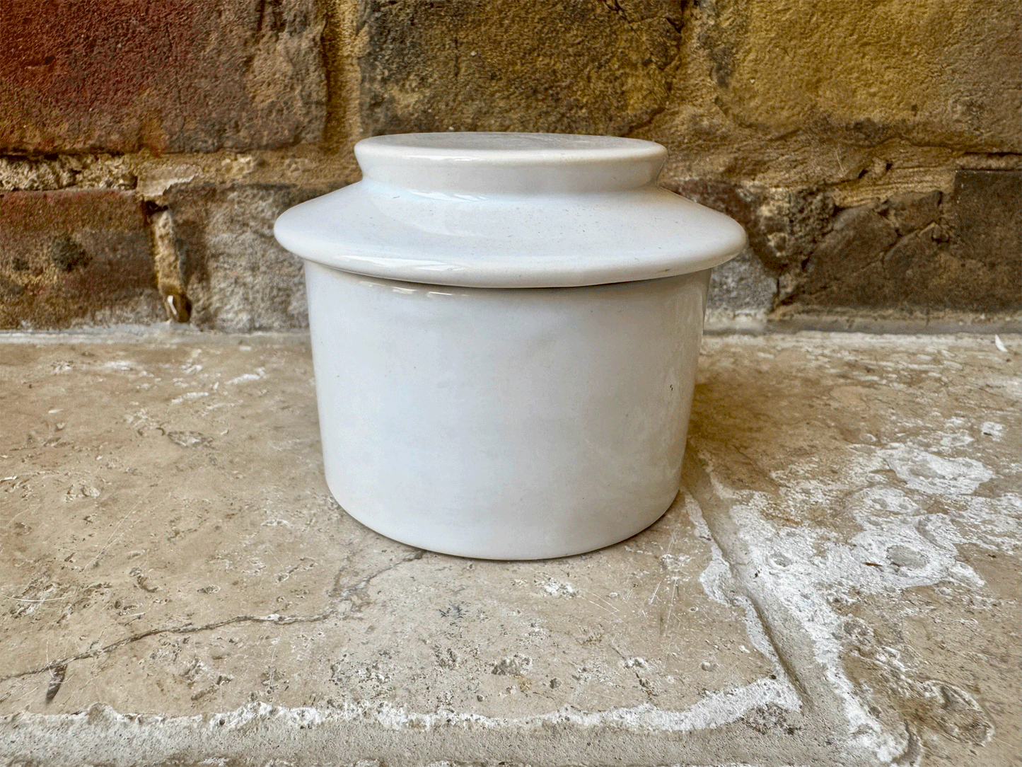 vintage french charolles beurre butter cooler dish pot white stoneware black art deco typography
