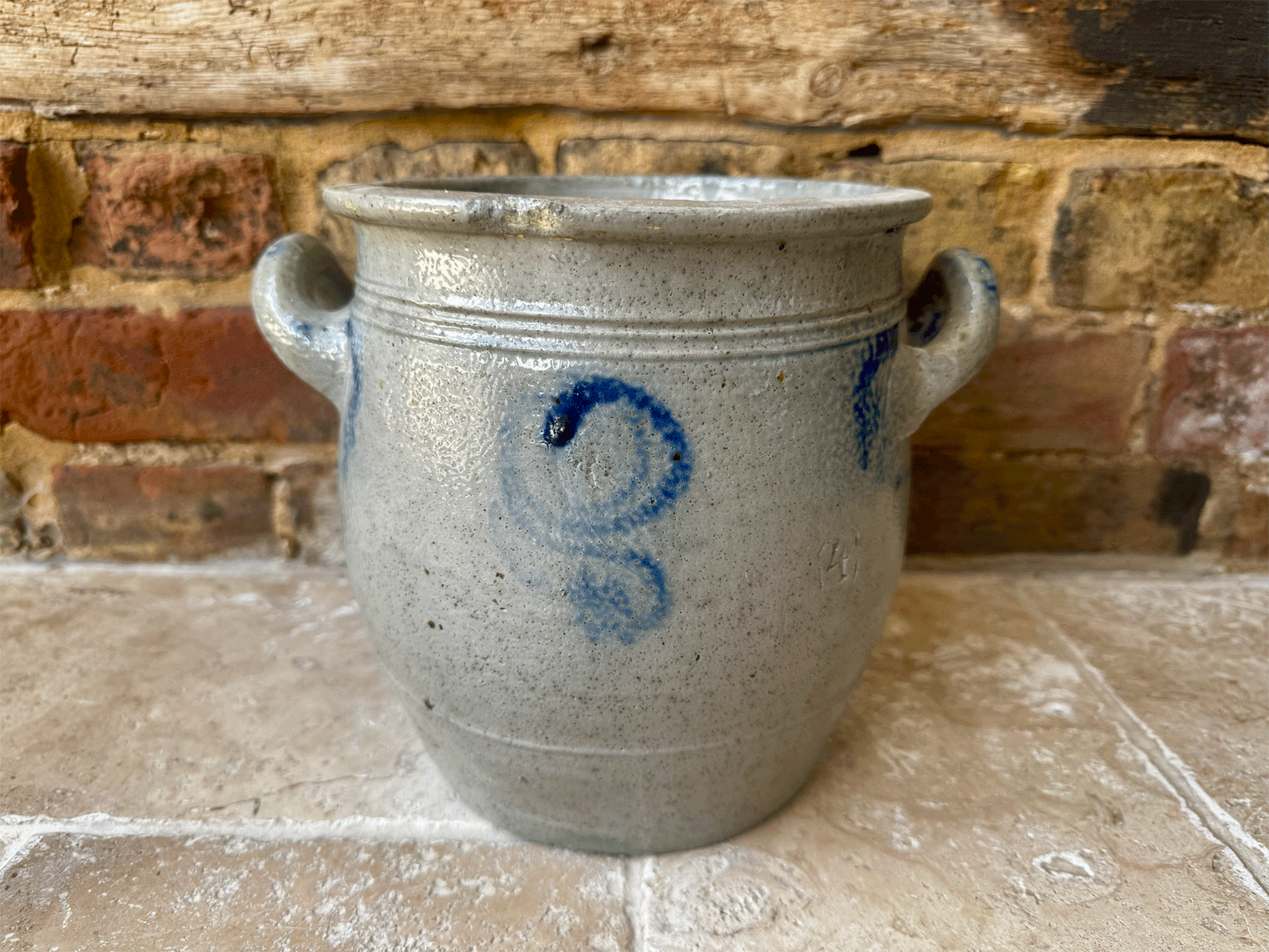 antique french stoneware blue grey glazed alsace pottery handled confit pot jar