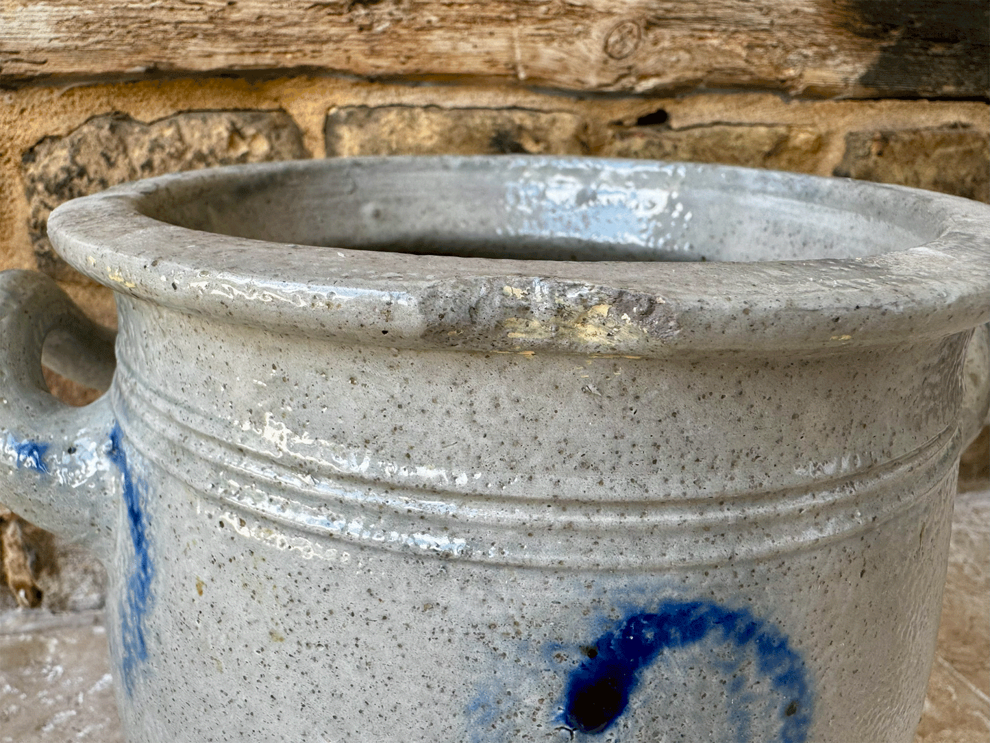 antique french stoneware blue grey glazed alsace pottery handled confit pot jar