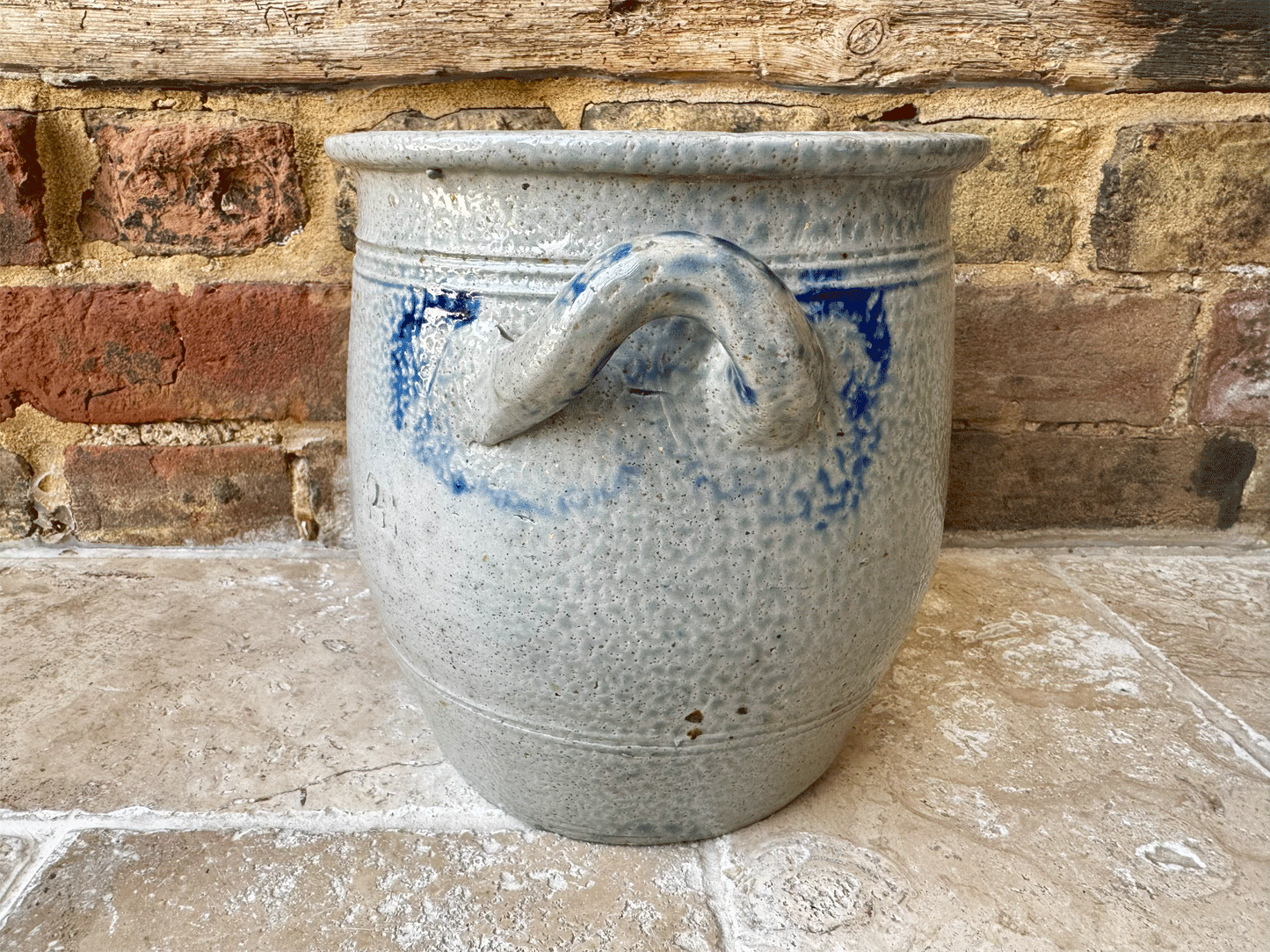 antique french stoneware blue grey glazed alsace pottery handled confit pot jar