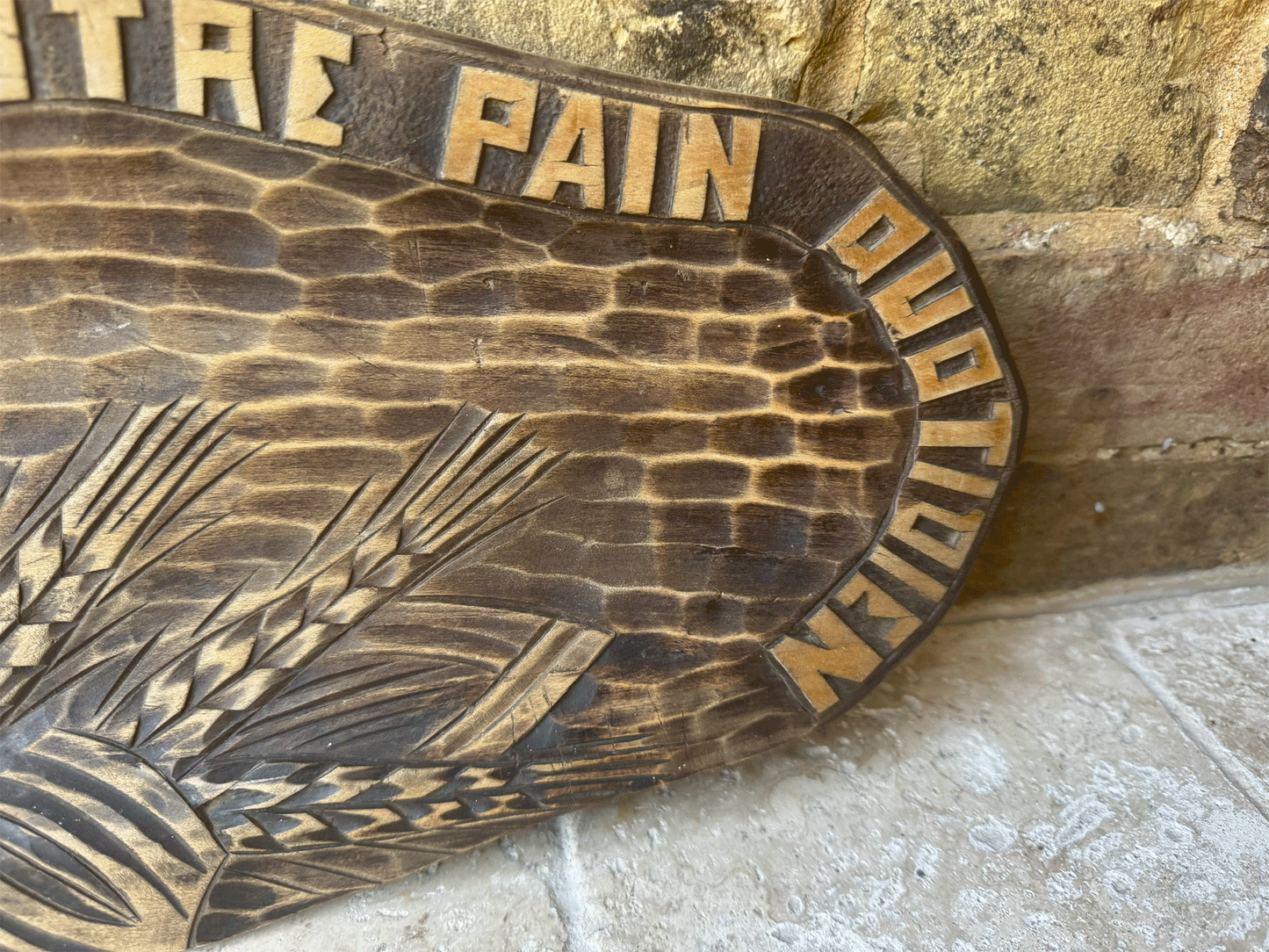 vintage french cutting bread board platter donnez notre pain quotidien wheat daily bread motto