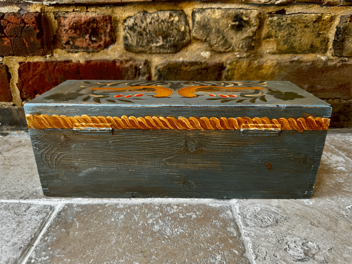 vintage french swedish folk art marriage box gift and painted birds grape vines