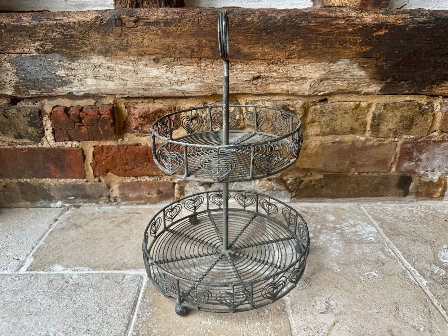 vintage french two tiered wirework cake stand heart decoration