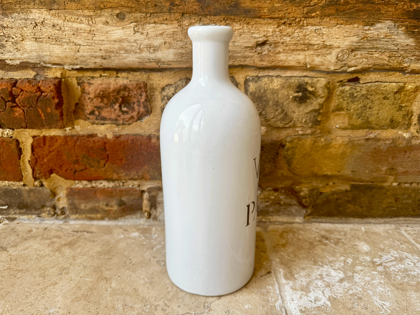 vintage french charolles white stoneware black art deco typography vin du pays bottle