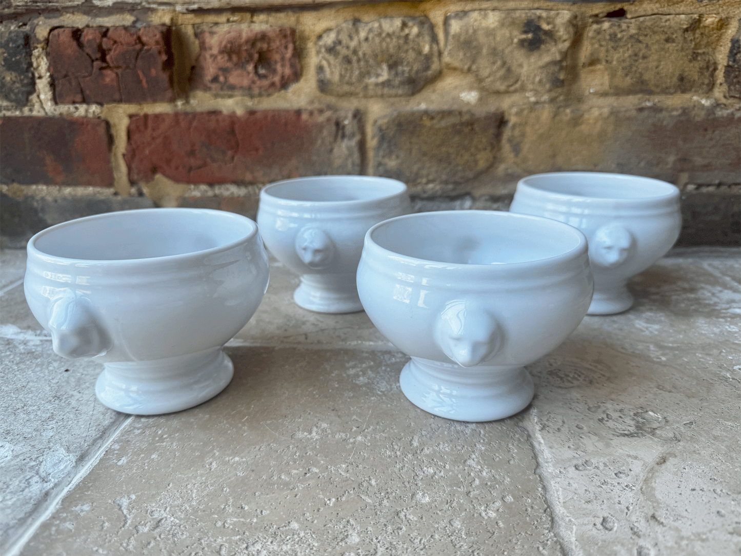 vintage plain white ironstone french onion soup bowls lion handles