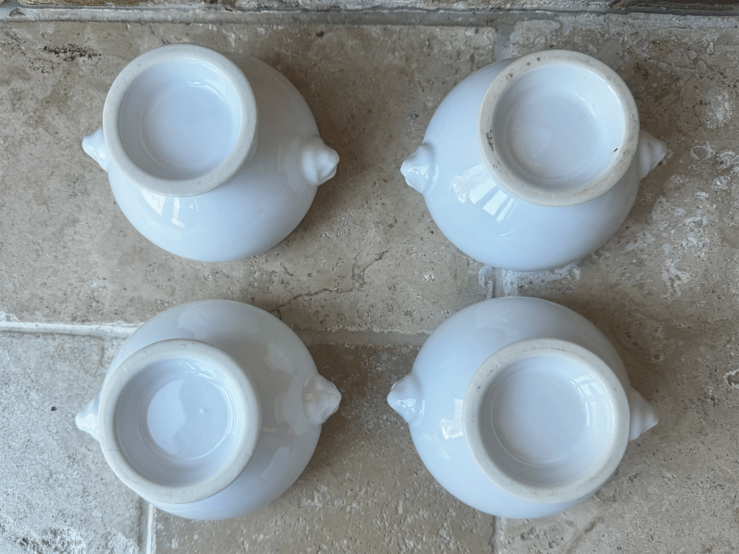 vintage plain white ironstone french onion soup bowls lion handles