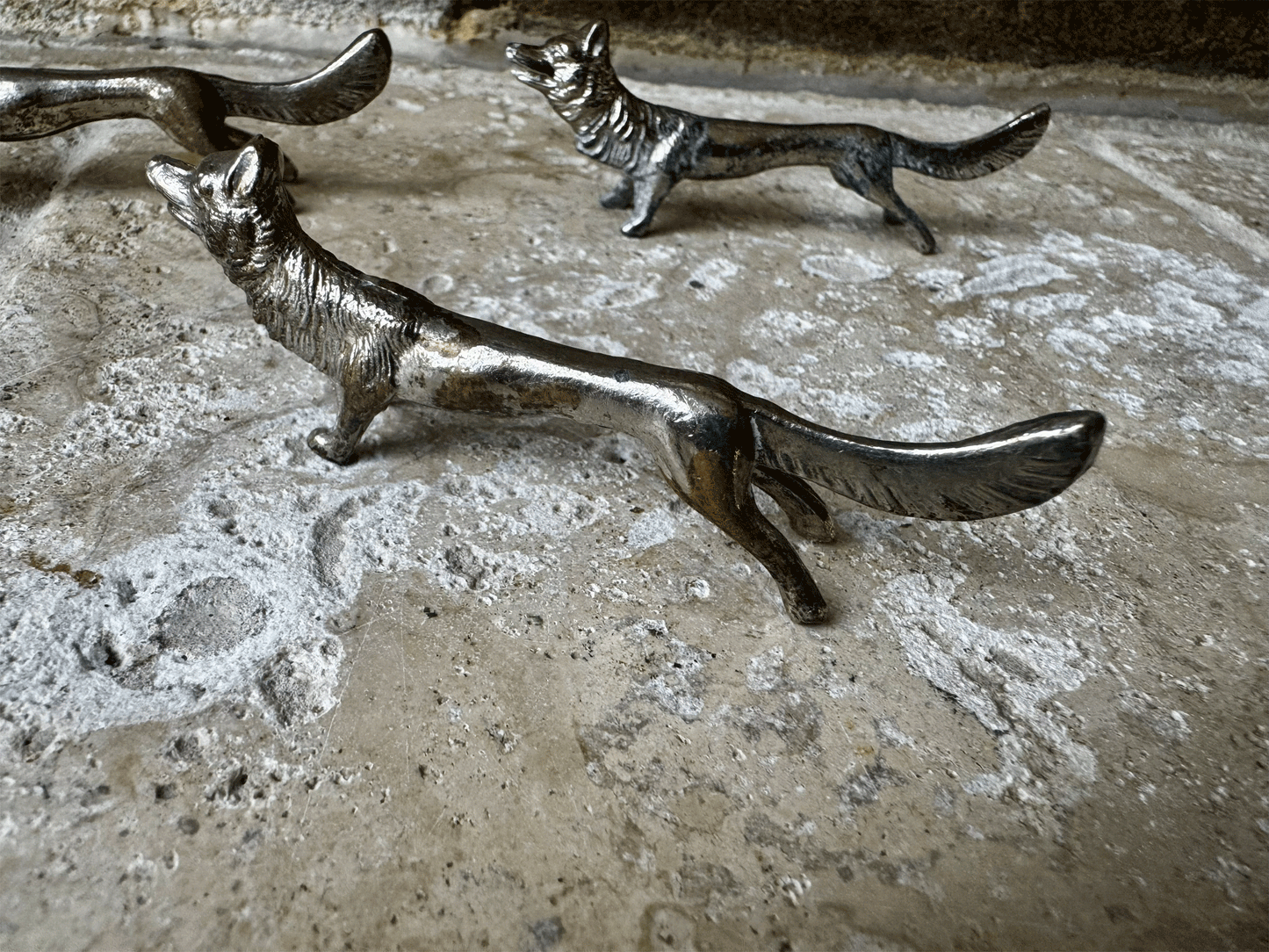 antique vintage french set silver plated knife rests rare figural wolf wolves