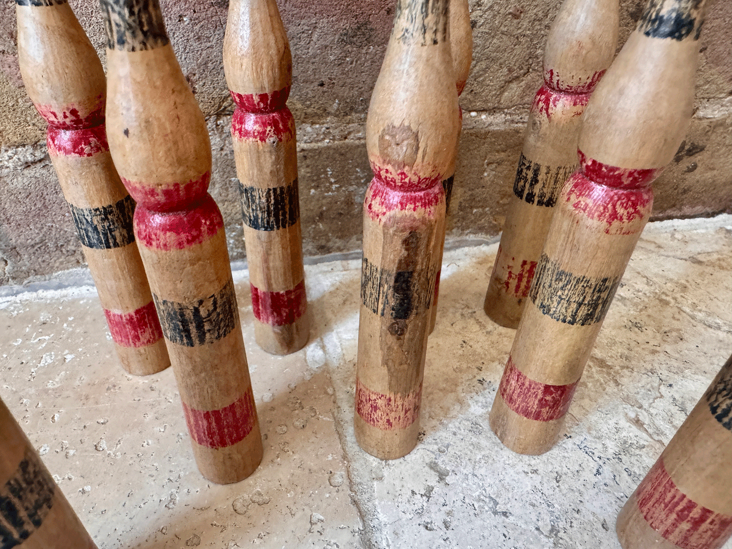 antique vintage french wooden skittle quilles set 9 treen ball parlour game