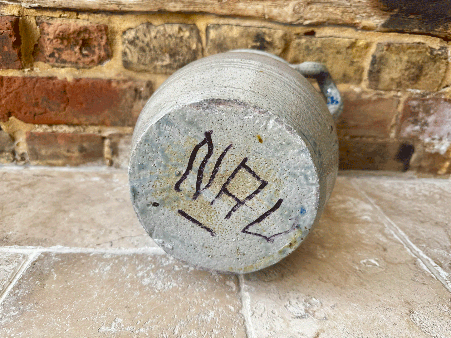 antique french stoneware blue grey glazed alsace pottery handled confit pot jar